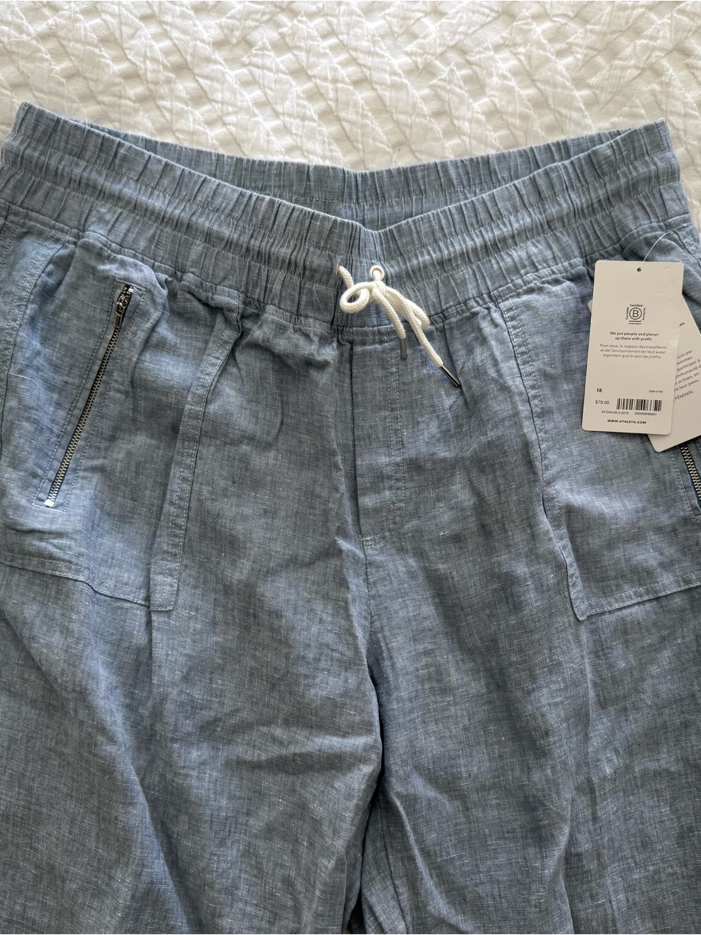 Athleta Light Blue Wide-Leg Drawstring Linen Pants